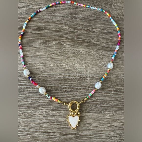 Colorful Beaded Necklace Heart Pendant N819 - Picture 4 of 8